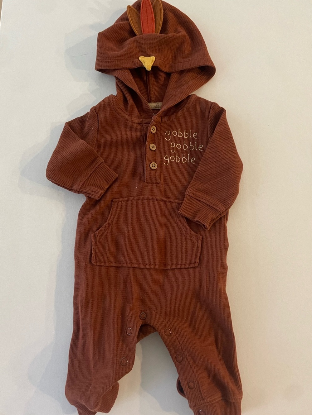 Carters Baby 3M Thanksgiving Turkey Hooded Waffle‎ Knit Jumpsuit Brown Romper